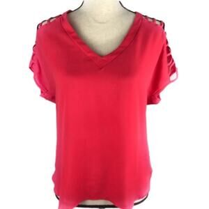 LILY STAR V-Neck Blouse Short Sleeve Ladder Shoulder Top High-Low Womens Size SM